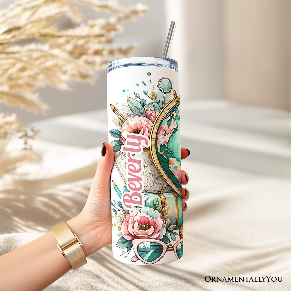 Pink and Teal Wanderlust Girl 20oz Personalized Tumbler With Lid and Stainless Steel Straw, Floral Traveler Adventurer Gift Cup OrnamentallyYou