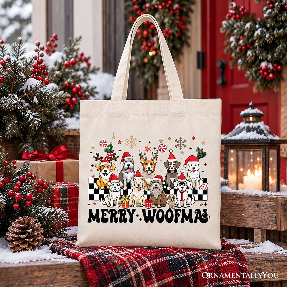 Merry Woofmas Dog Mama Tote Bag, Dogs With Santa Hats Christmas Gift Shopper OrnamentallyYou