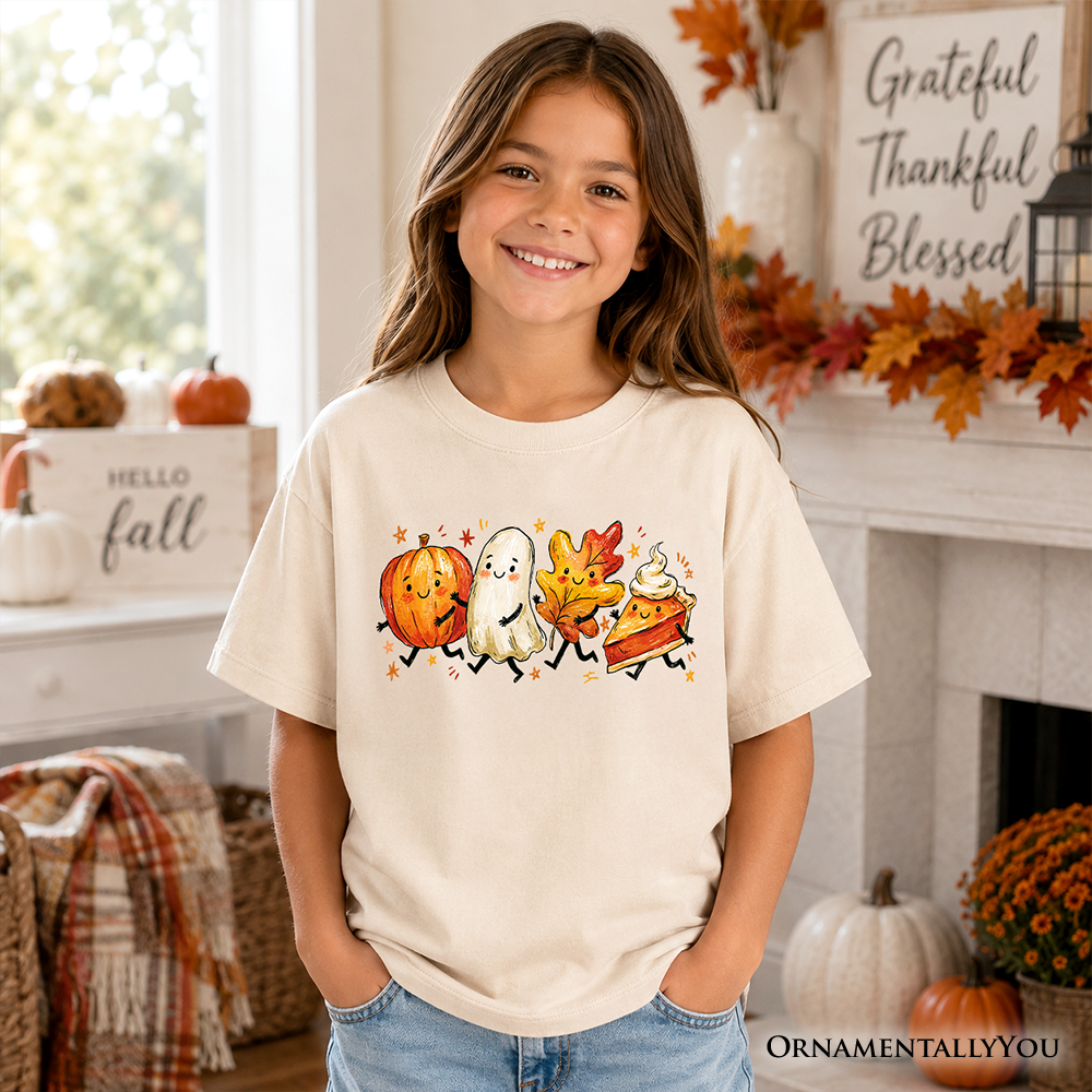 Kids Cute Fall Characters T-Shirt, Pumpkin Ghost Leaf Pie Autumn Youth Tee OrnamentallyYou