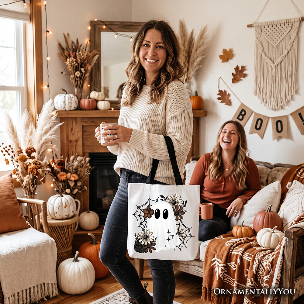 Floral Ghost Tote Bag, Neutral Boho Halloween Spider Web Gift Shopper OrnamentallyYou