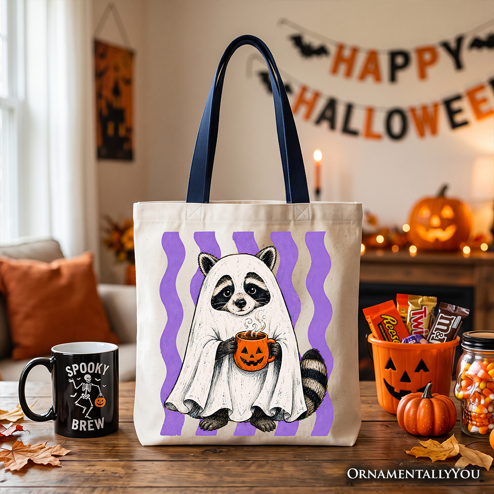 Ghost Costume Raccoon Tote Bag, Halloween Pumpkin Coffee Mug Gift Shopper OrnamentallyYou