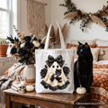 Gothic Ghost with Black Cat Tote Bag, Black Rose Coquette Halloween Gift Shopper OrnamentallyYou