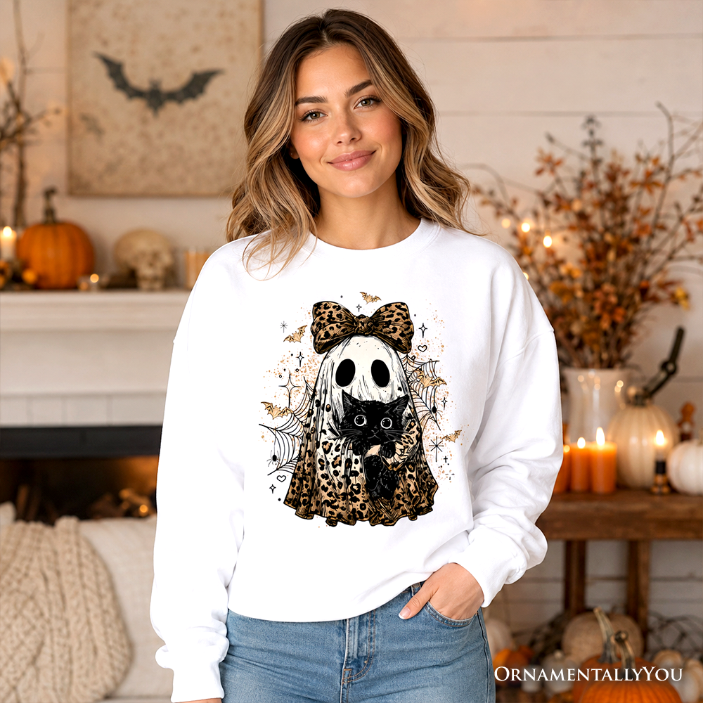 Leopard Bow Ghost with Black Cat Sweatshirt, Spooky Halloween Spider Web Sweater OrnamentallyYou