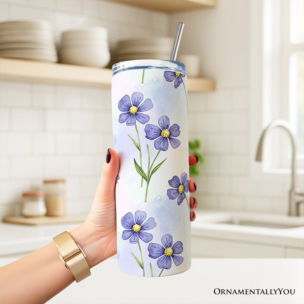 Delicate Blue Wildflowers 20oz Personalized Tumbler With Lid and Stainless Steel Straw, Soft Pastel Floral Pattern Gift Cup OrnamentallyYou