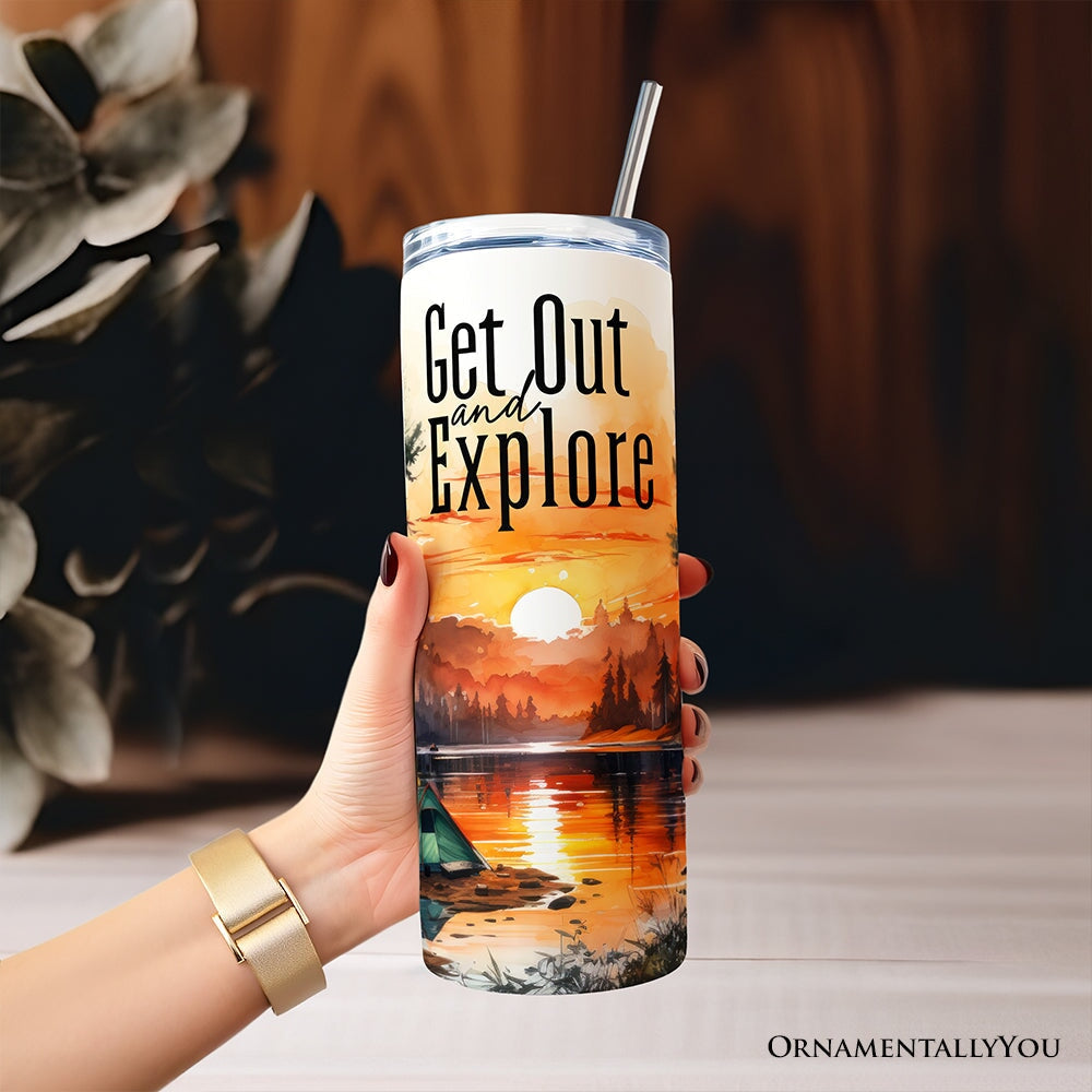 Get Out and Explore 20oz Personalized Tumbler With Lid and Stainless Steel Straw, Forest Camping Adventure Gift Cup OrnamentallyYou