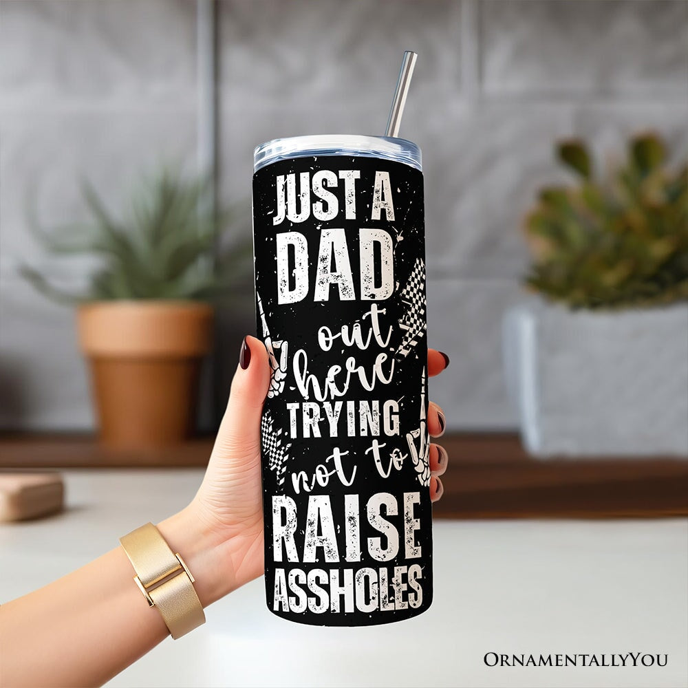 Just A Dad Checkered Lightning 20oz Personalized Tumbler With Lid and Stainless Steel Straw, Sarcastic Father's Day Humor Gift Cup OrnamentallyYou