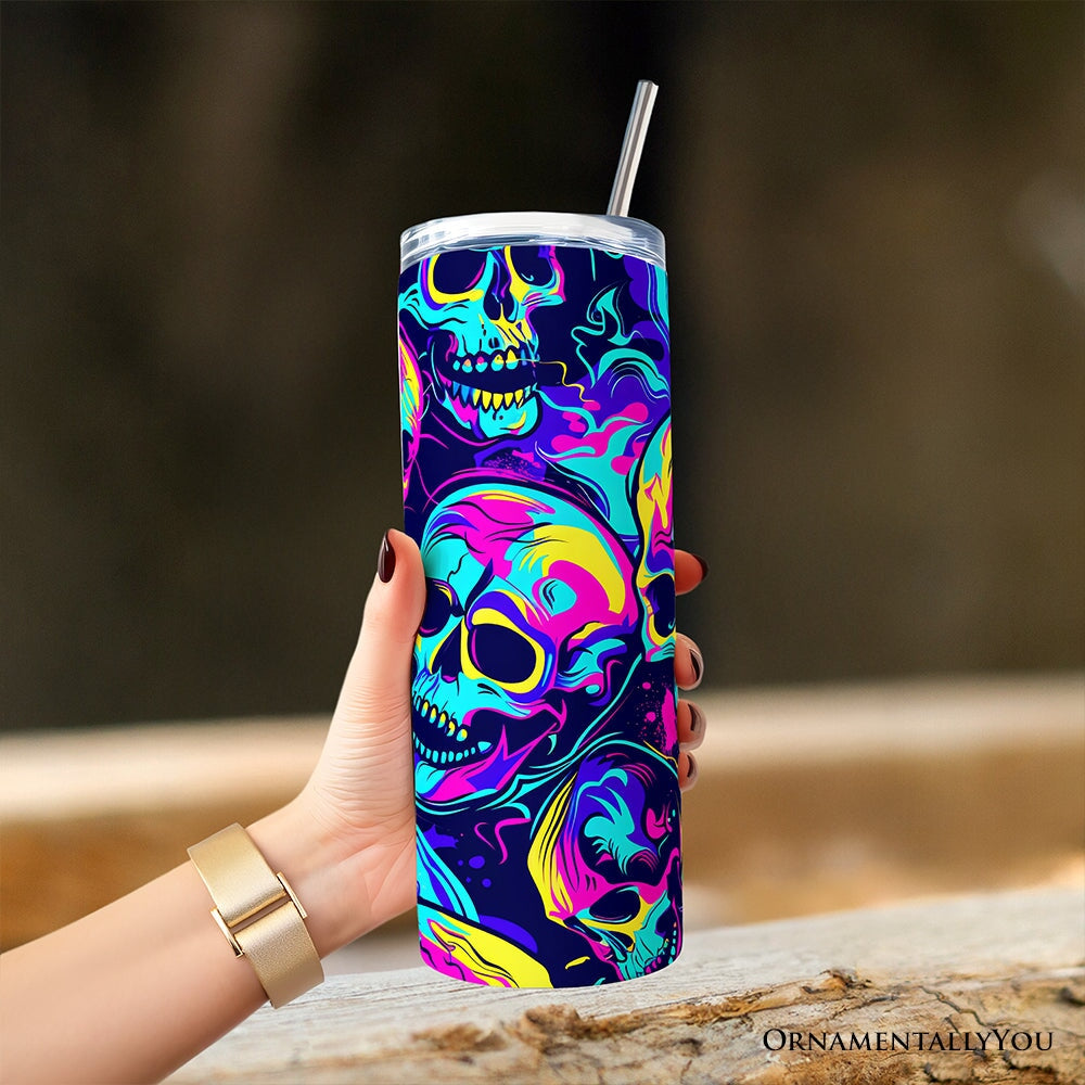Neon Skull Chaos 20oz Personalized Tumbler With Lid and Stainless Steel Straw, Psychedelic Horror Halloween Gift Cup OrnamentallyYou