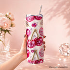 Pink Rhinestone Cherry Bow 20oz Personalized Tumbler With Lid and Stainless Steel Straw, Sparkly Valentine Coquette Gift Cup OrnamentallyYou