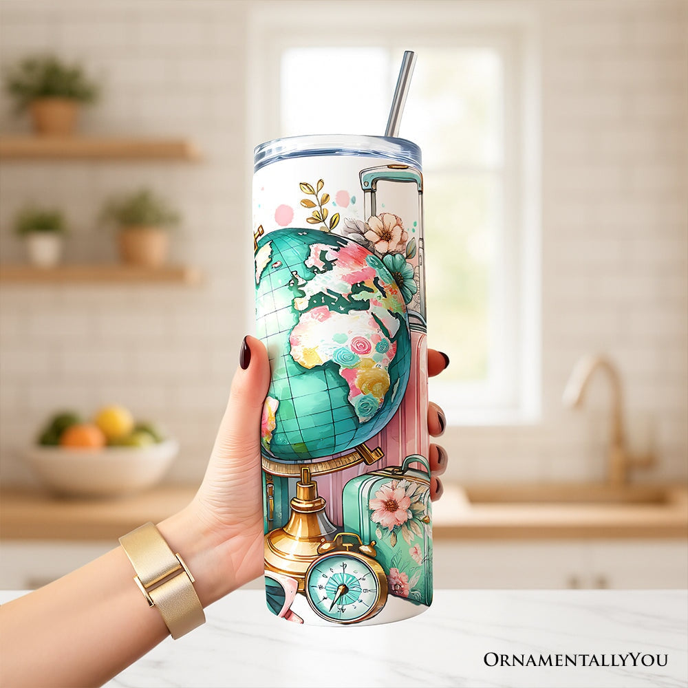Pink and Teal Wanderlust Girl 20oz Personalized Tumbler With Lid and Stainless Steel Straw, Floral Traveler Adventurer Gift Cup OrnamentallyYou