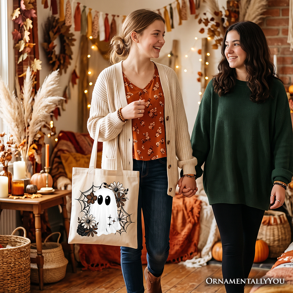 Floral Ghost Tote Bag, Neutral Boho Halloween Spider Web Gift Shopper OrnamentallyYou