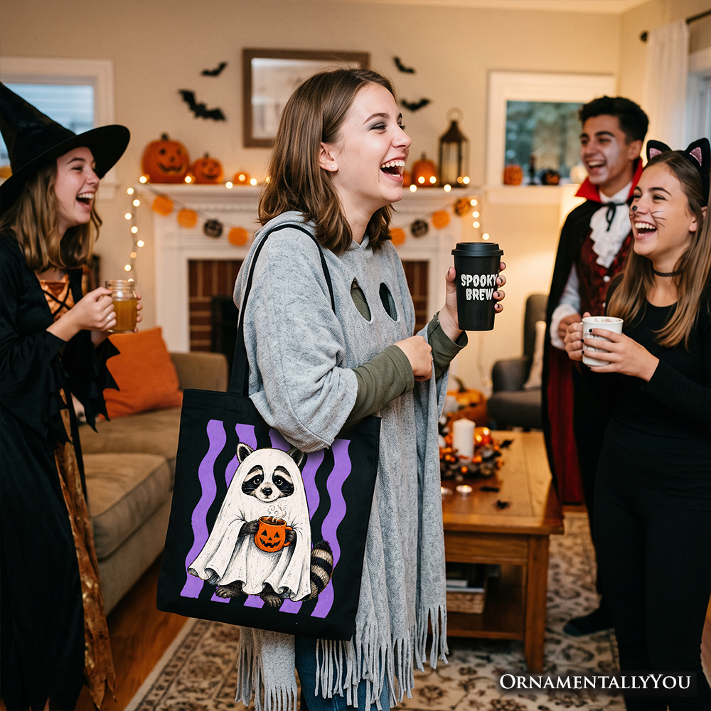 Ghost Costume Raccoon Tote Bag, Halloween Pumpkin Coffee Mug Gift Shopper OrnamentallyYou