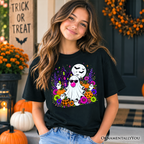 Kids Bubblegum Ghost Haunted House T-Shirt, Colorful Floral Halloween Pumpkin Youth Tee OrnamentallyYou