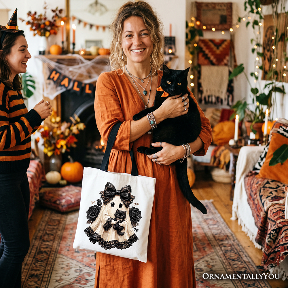 Gothic Ghost with Black Cat Tote Bag, Black Rose Coquette Halloween Gift Shopper OrnamentallyYou