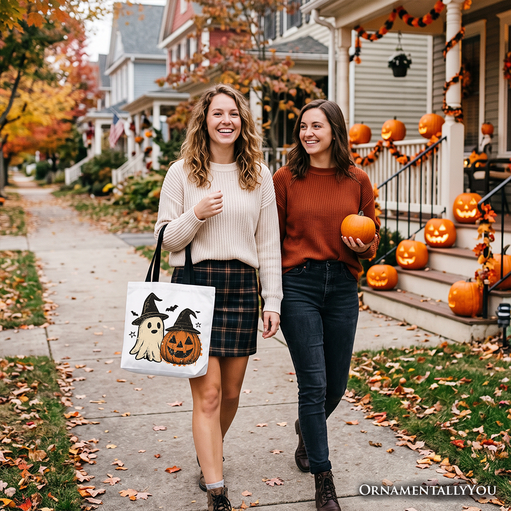 Witch Hat Ghost and Pumpkin Tote Bag, Vintage Halloween Jack O’ Lantern Gift Shopper OrnamentallyYou