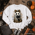Leopard Bow Ghost with Black Cat Sweatshirt, Spooky Halloween Spider Web Sweater OrnamentallyYou