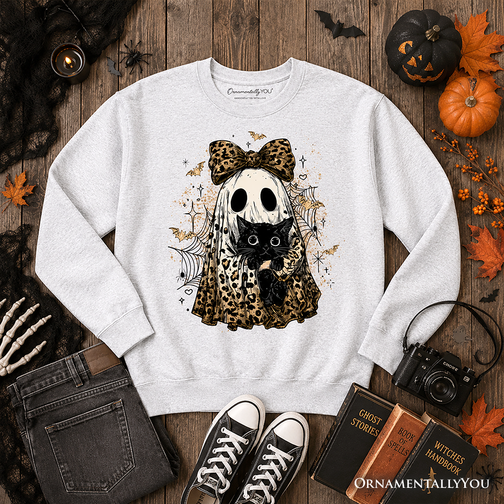 Leopard Bow Ghost with Black Cat Sweatshirt, Spooky Halloween Spider Web Sweater OrnamentallyYou