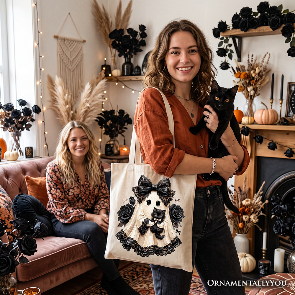 Gothic Ghost with Black Cat Tote Bag, Black Rose Coquette Halloween Gift Shopper OrnamentallyYou
