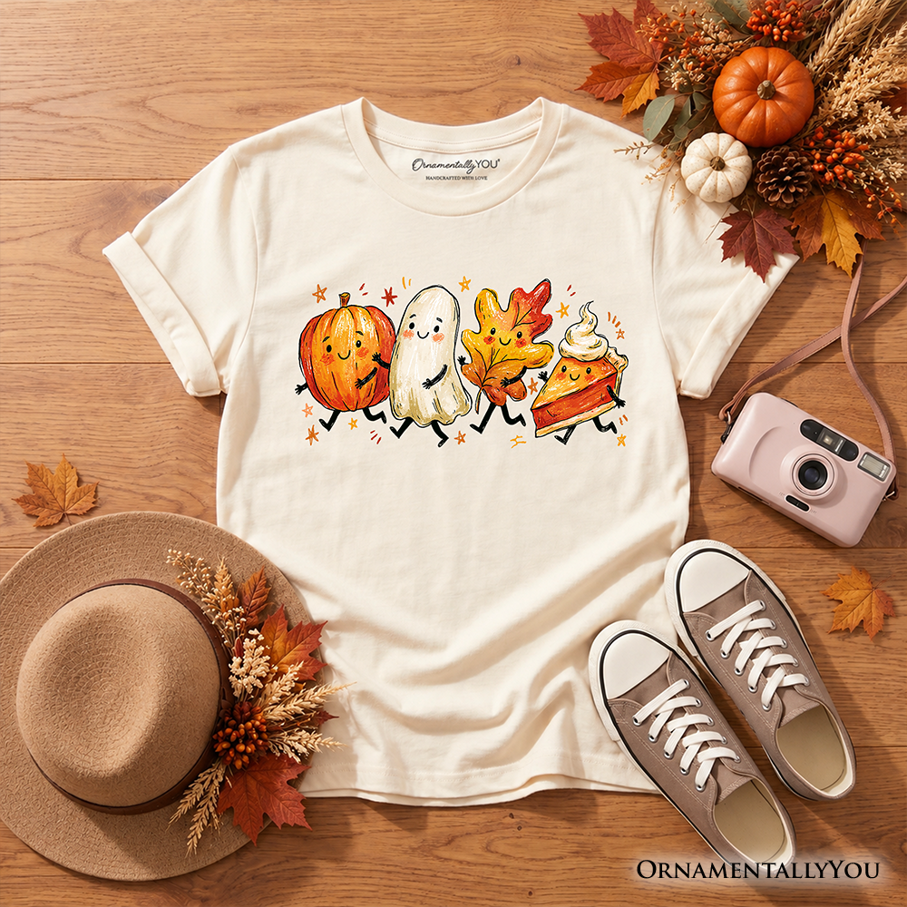 Kids Cute Fall Characters T-Shirt, Pumpkin Ghost Leaf Pie Autumn Youth Tee OrnamentallyYou