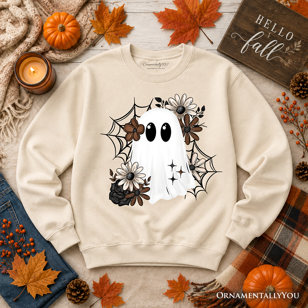 Floral Ghost Sweatshirt, Neutral Boho Halloween Spider Web Sweater OrnamentallyYou