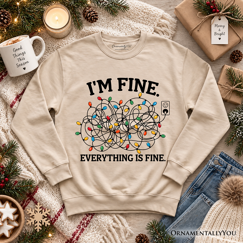 I'm Fine Christmas Lights Sweatshirt, Funny Holiday Humor Sweater for Stressed Festive People OrnamentallyYou