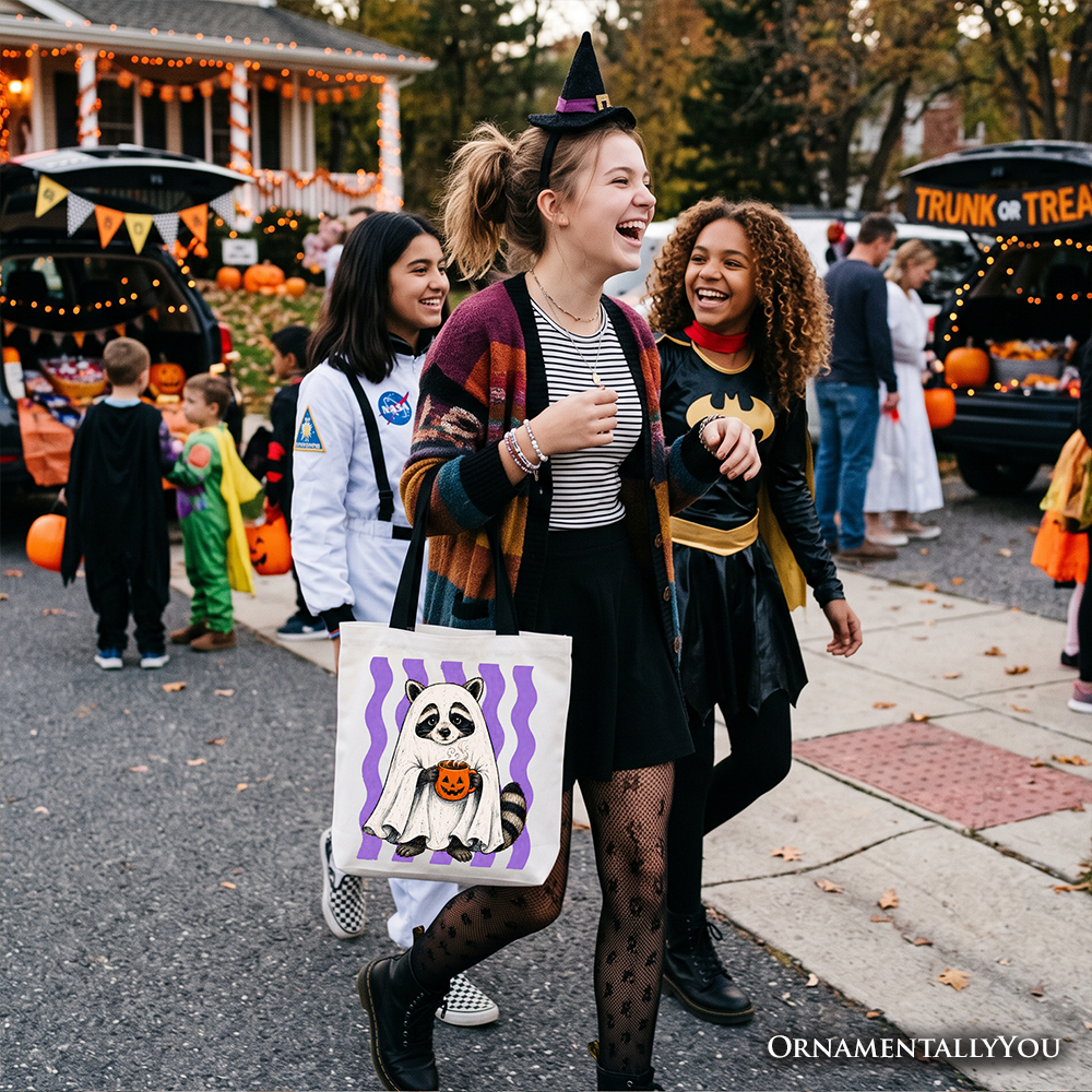 Ghost Costume Raccoon Tote Bag, Halloween Pumpkin Coffee Mug Gift Shopper OrnamentallyYou