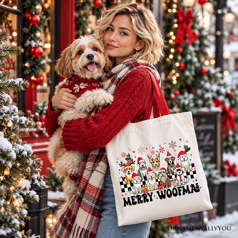 Merry Woofmas Dog Mama Tote Bag, Dogs With Santa Hats Christmas Gift Shopper OrnamentallyYou