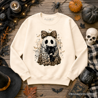 Leopard Bow Ghost with Black Cat Sweatshirt, Spooky Halloween Spider Web Sweater OrnamentallyYou