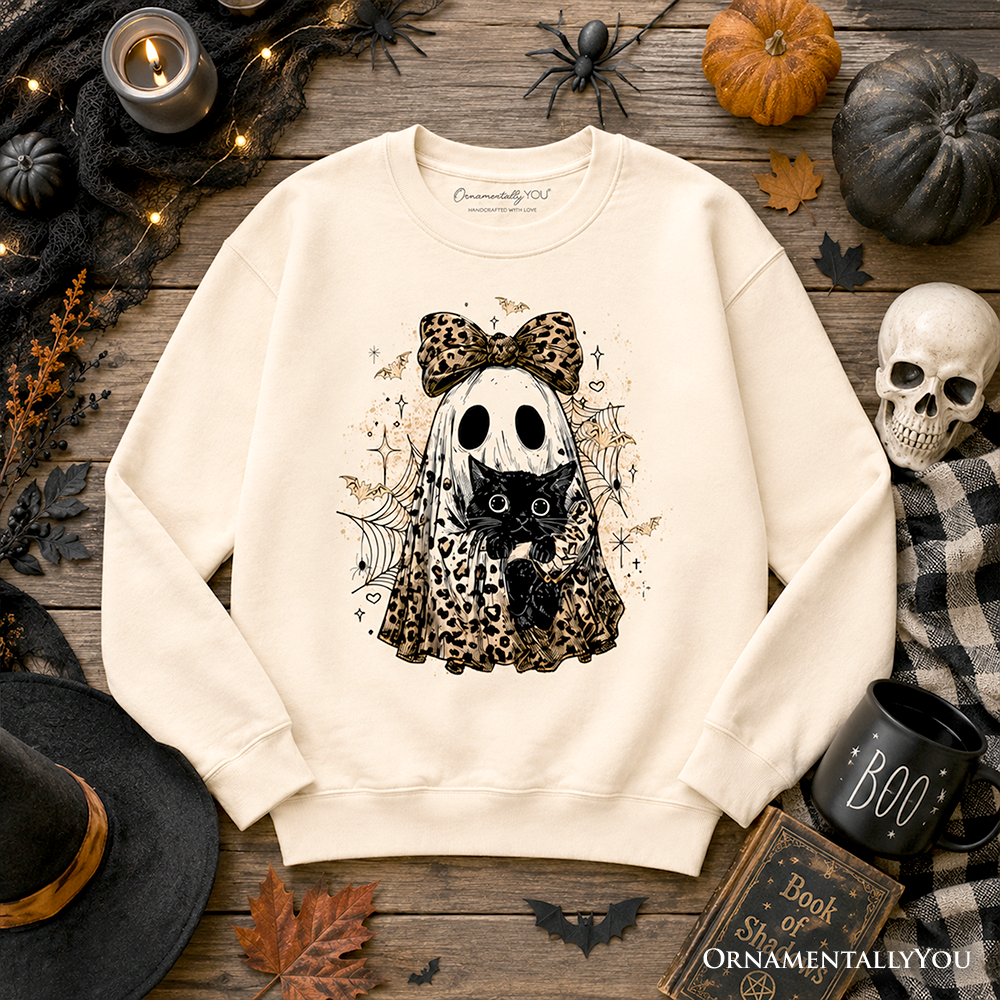 Leopard Bow Ghost with Black Cat Sweatshirt, Spooky Halloween Spider Web Sweater OrnamentallyYou
