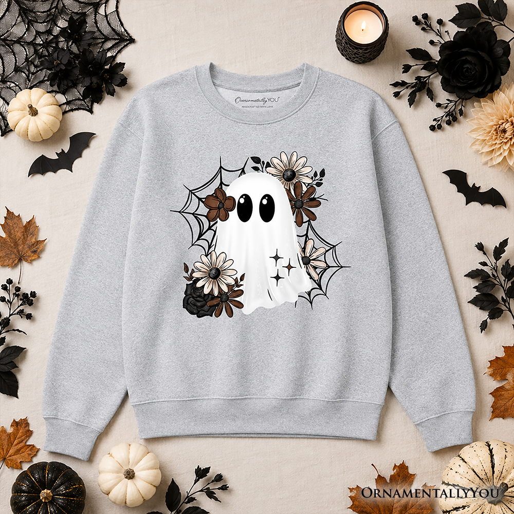 Floral Ghost Sweatshirt, Neutral Boho Halloween Spider Web Sweater OrnamentallyYou