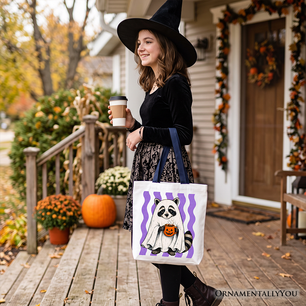Ghost Costume Raccoon Tote Bag, Halloween Pumpkin Coffee Mug Gift Shopper OrnamentallyYou