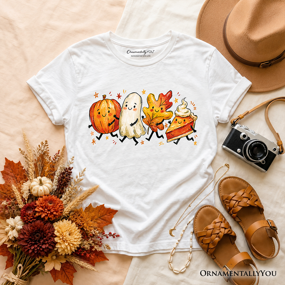 Kids Cute Fall Characters T-Shirt, Pumpkin Ghost Leaf Pie Autumn Youth Tee OrnamentallyYou