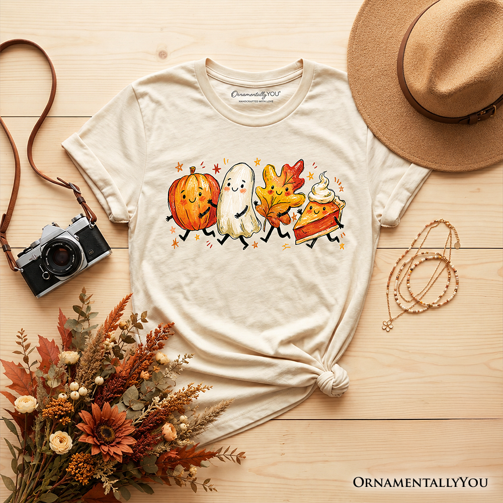 Kids Cute Fall Characters T-Shirt, Pumpkin Ghost Leaf Pie Autumn Youth Tee OrnamentallyYou