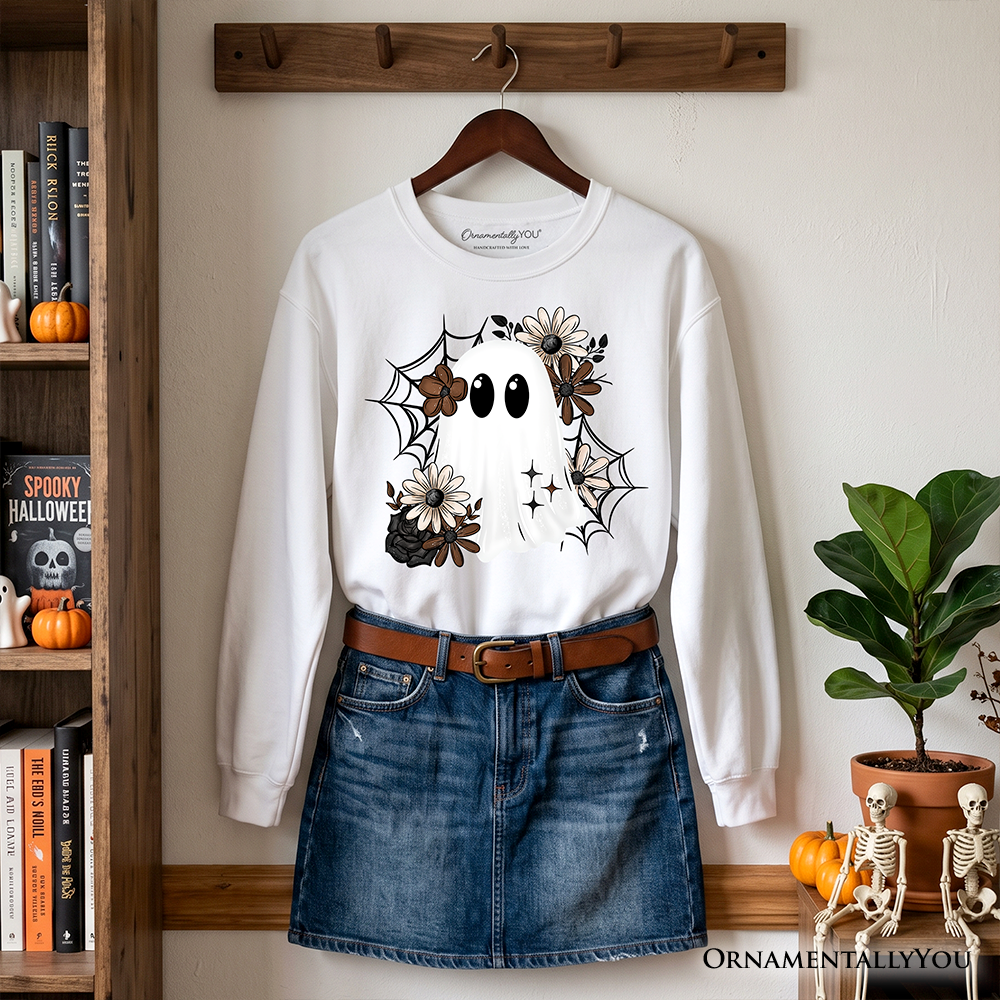 Floral Ghost Sweatshirt, Neutral Boho Halloween Spider Web Sweater OrnamentallyYou