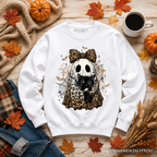 Leopard Bow Ghost with Black Cat Sweatshirt, Spooky Halloween Spider Web Sweater OrnamentallyYou