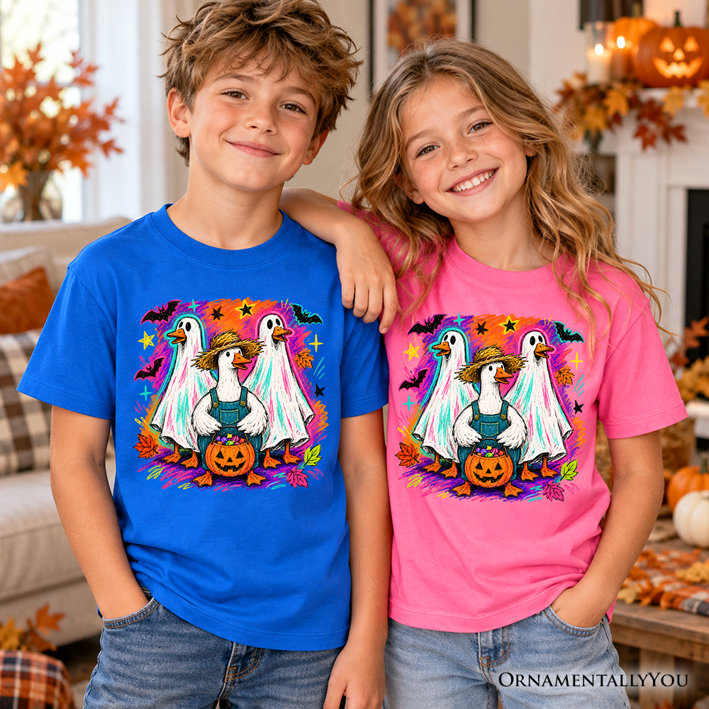 Kids Trick or Treat Geese T-Shirt, Colorful Halloween Ghost Costume Youth Tee OrnamentallyYou