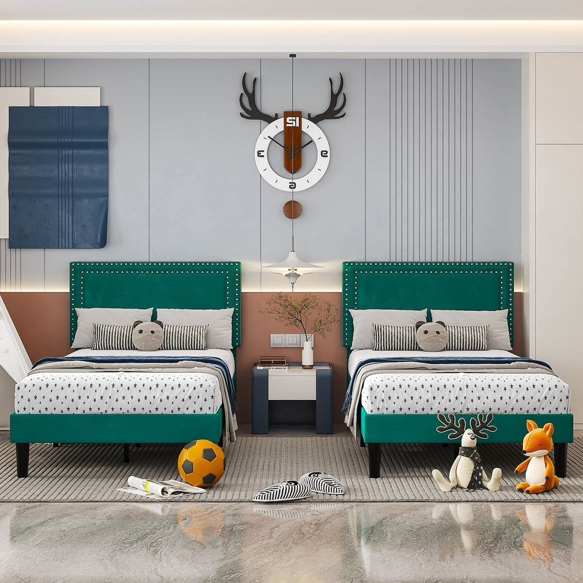 Set of 2 - Twin size Dark Green Upholstered Platform Bed Frame with Headboard HomePacific