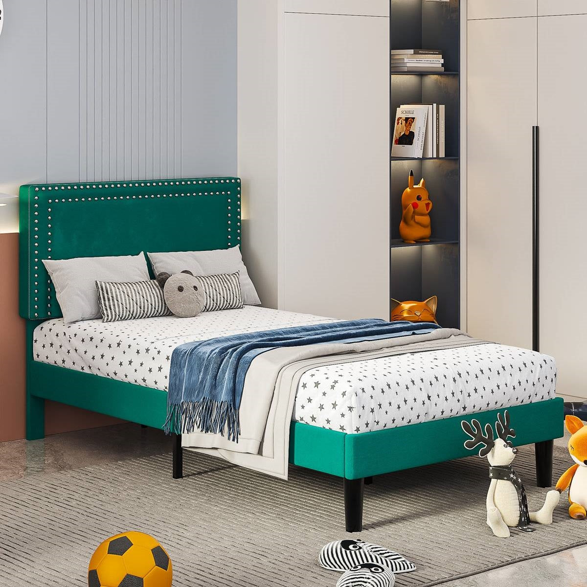 Set of 2 - Twin size Dark Green Upholstered Platform Bed Frame with Headboard HomePacific