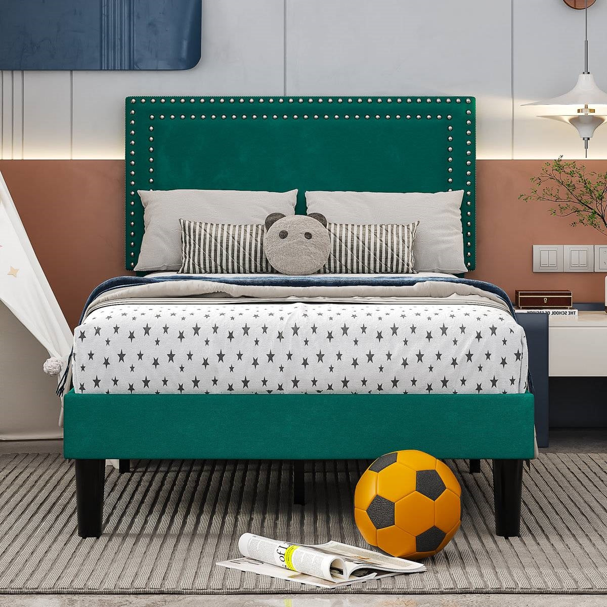 Set of 2 - Twin size Dark Green Upholstered Platform Bed Frame with Headboard HomePacific