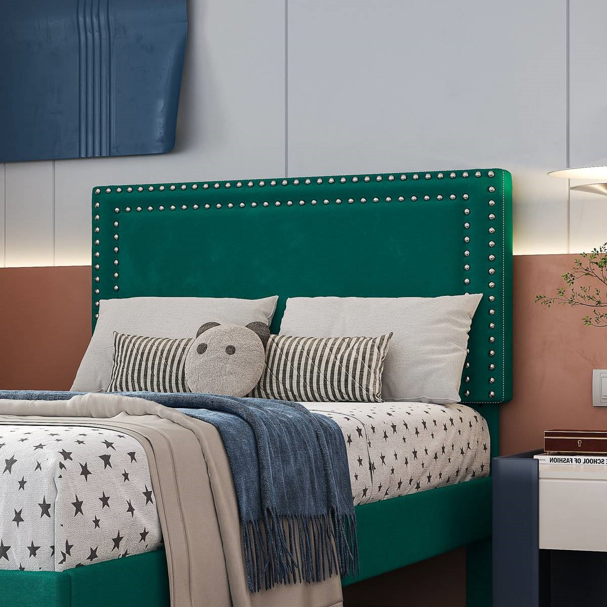 Set of 2 - Twin size Dark Green Upholstered Platform Bed Frame with Headboard HomePacific