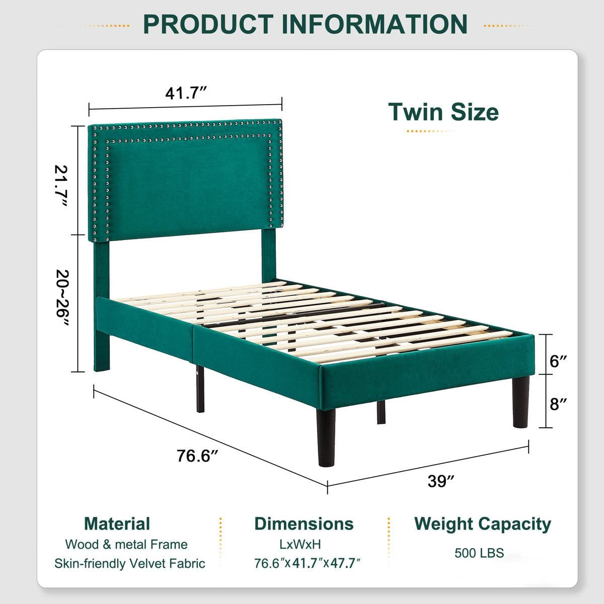 Set of 2 - Twin size Dark Green Upholstered Platform Bed Frame with Headboard HomePacific