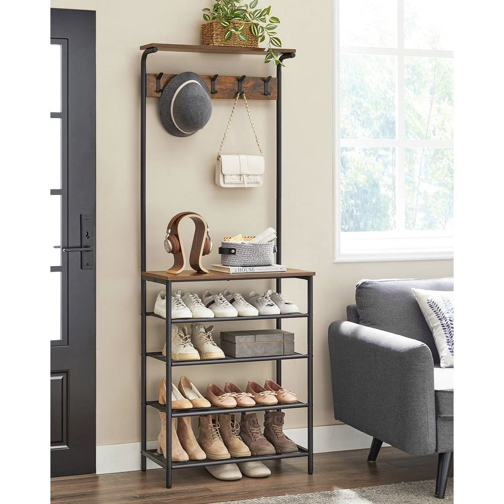 Modern Industrial Style Hall Tree Coat Rack Entryway Shoe Rack with 4 Shelves HomePacific