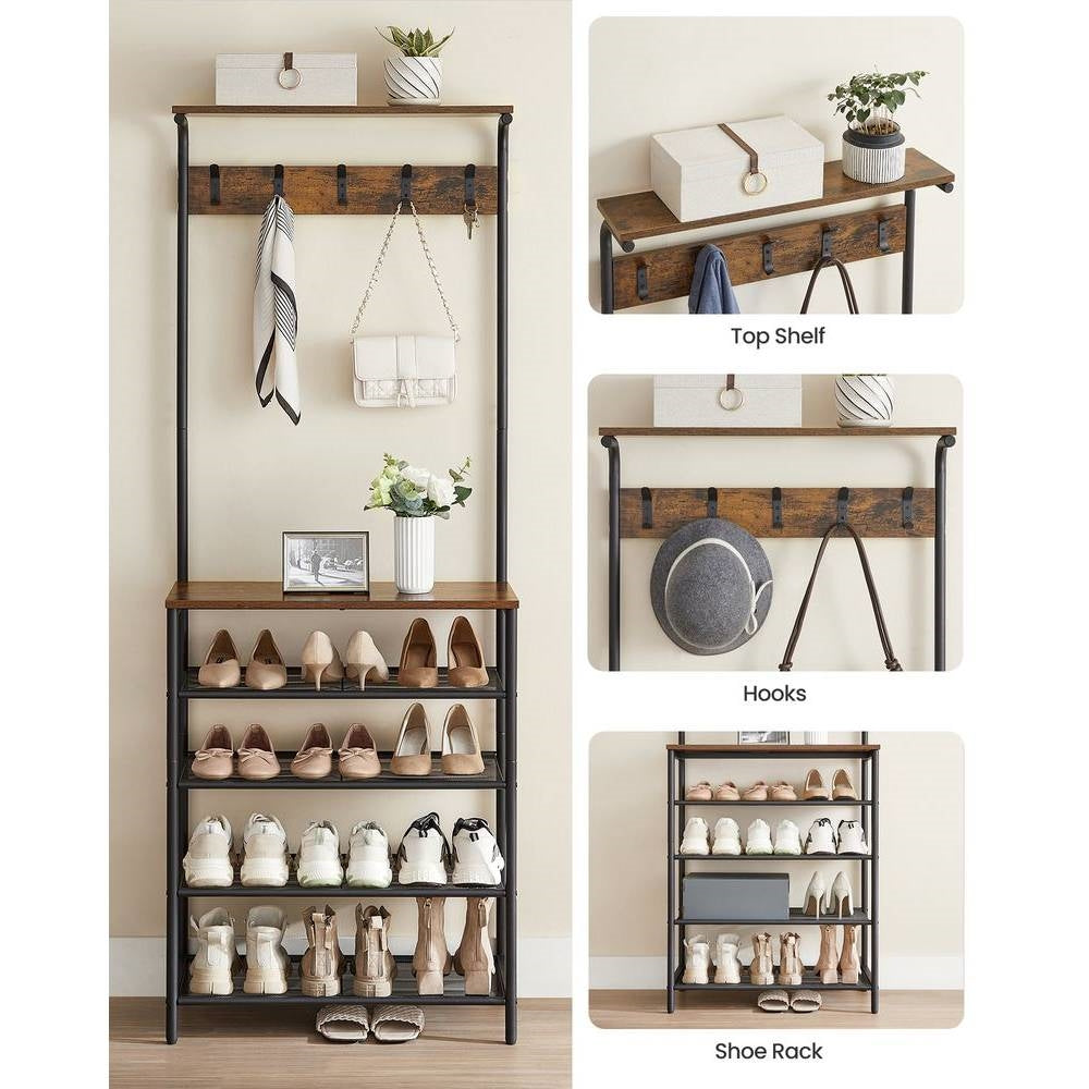 Modern Industrial Style Hall Tree Coat Rack Entryway Shoe Rack with 4 Shelves HomePacific
