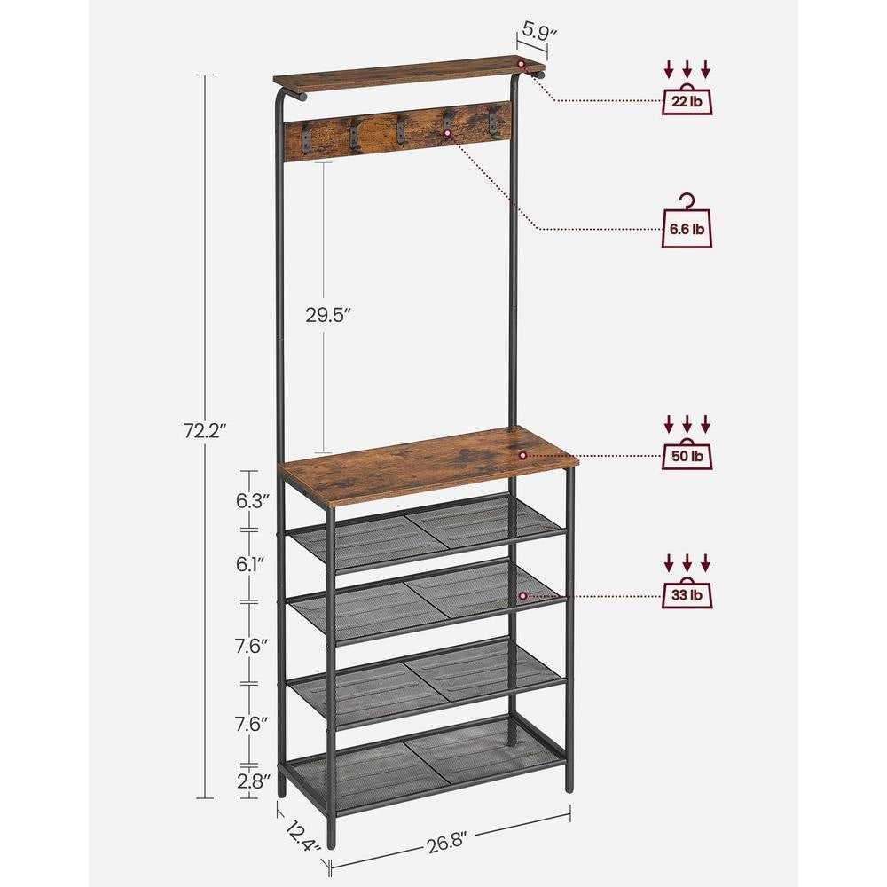Modern Industrial Style Hall Tree Coat Rack Entryway Shoe Rack with 4 Shelves HomePacific