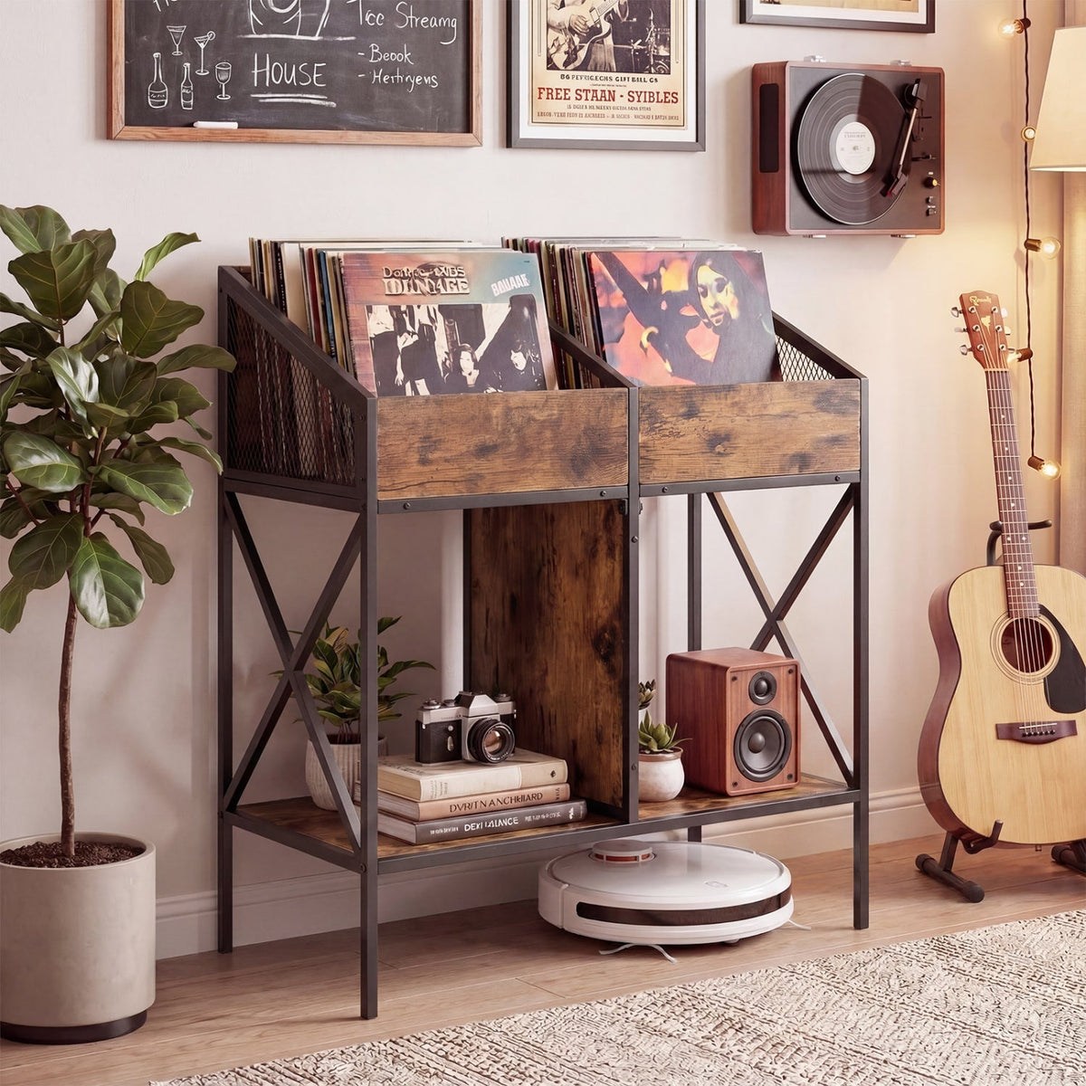 Industrial Vinyl Record Storage Rack with Metal Frame