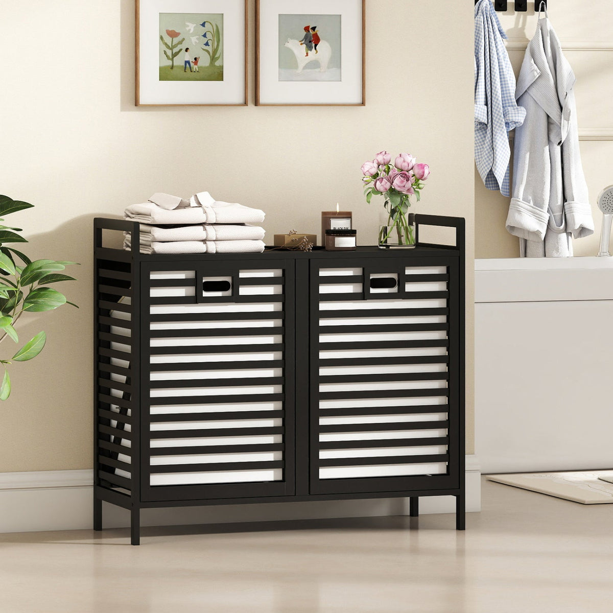 Double Tilt-out Laundry Hamper with 2 Removable Bins-Natural