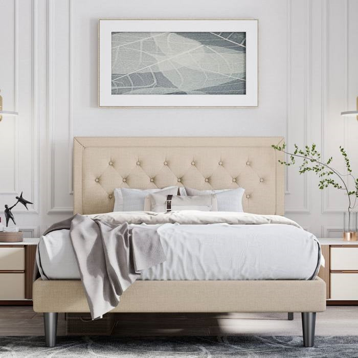 King Adjustable Height Platform Bed Frame with Beige Upholstered Headboard HomePacific