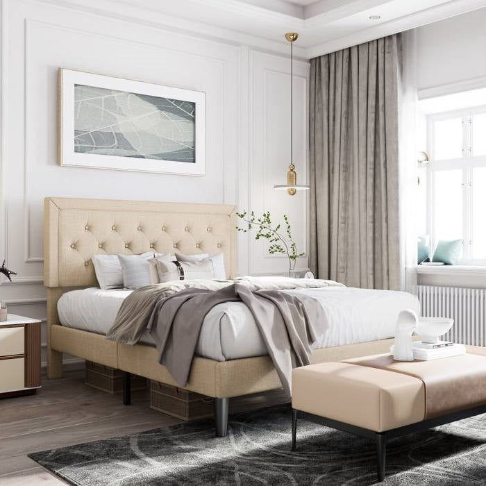 King Adjustable Height Platform Bed Frame with Beige Upholstered Headboard HomePacific