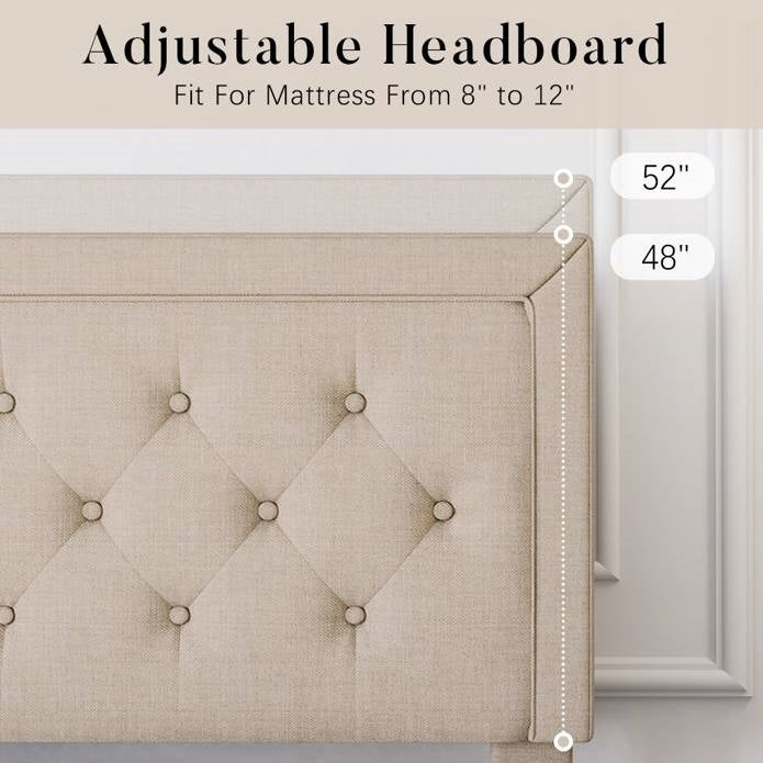 King Adjustable Height Platform Bed Frame with Beige Upholstered Headboard HomePacific