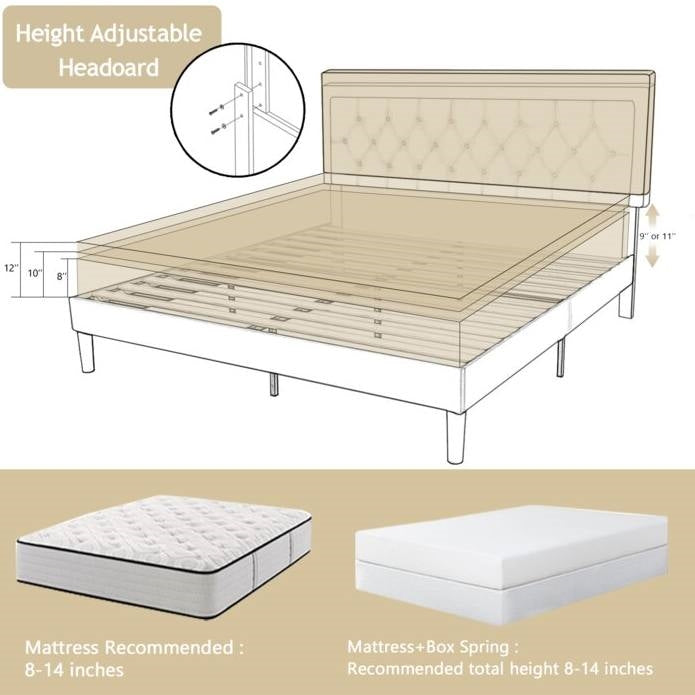 King Adjustable Height Platform Bed Frame with Beige Upholstered Headboard HomePacific