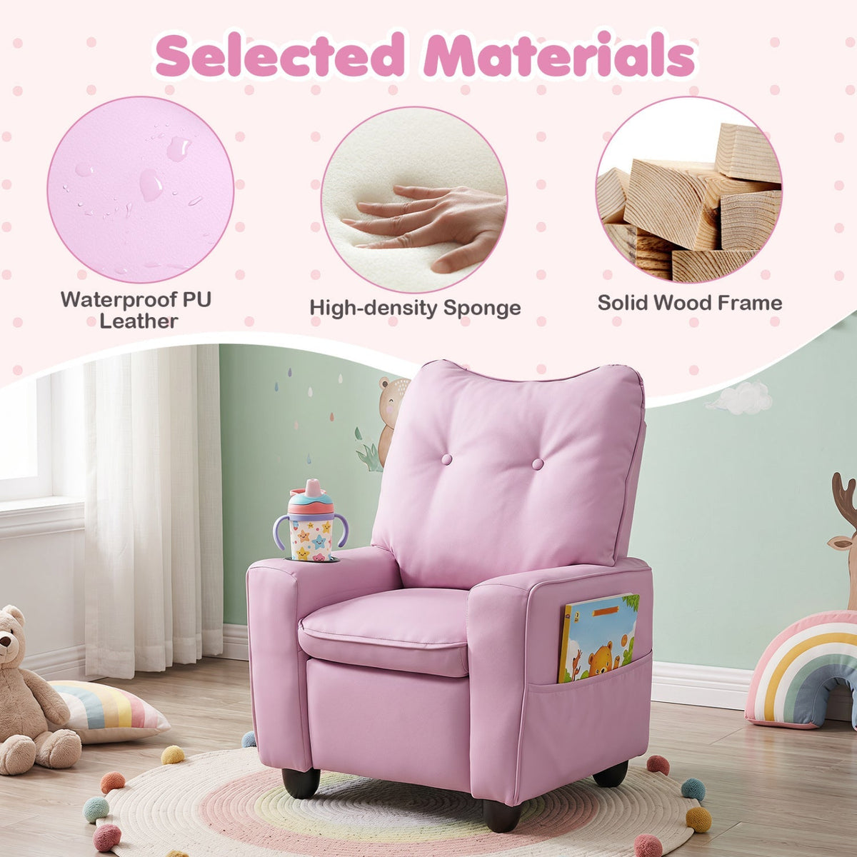 Kids Recliner Chair with Cup Holder and Adjustable Backrest